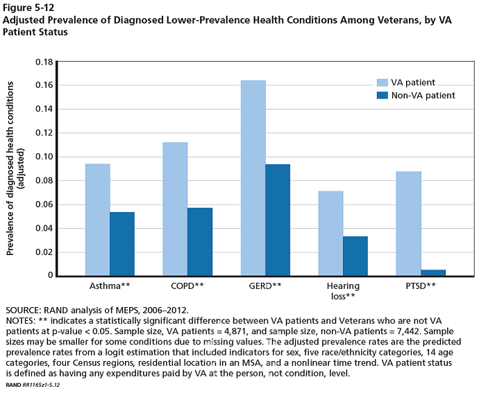 Figure 5-12: Adjusted prevalence of diagnosed lower-prevalence health conditions among veterans, by VA patient status