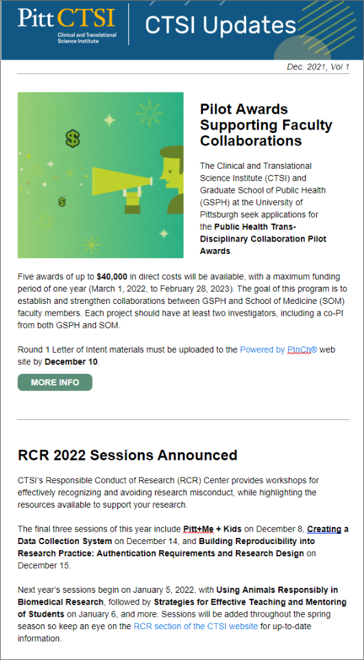 An example CTSI Updates email that contains funding opportunities and training announcements